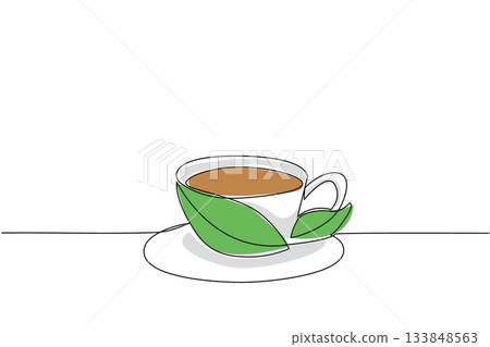 Continuous one line drawing a tea cup made of tea leaves with a saucer. Tea leaves have a calming aroma. Enthusiasm for the day. International Tea Day. Single line draw design vector illustration 133848563
