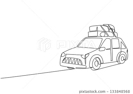 Single continuous line drawing car carrying a lot of luggage on the roof rack. Family car for long road trips. Excess clothing supply. National Road Trip Day. One line design vector illustration 133848568