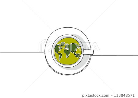 Single one line drawing a cup filled with tea with a saucer and a world map on the surface of the cup. Breakfast with a cup of tea. International Tea Day. Continuous line design graphic illustration 133848571
