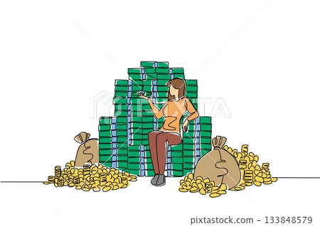 Single one line drawing a woman sits on pile of banknotes and money bags that form throne of a king. The pinnacle of success. Wealth. Be a Millionaire Day. Continuous line design graphic illustration Single one line drawing a woman sits on pile of banknotes and money bags that form throne of a king. The pinnacle of success. Wealth. Be a Millionaire Day. Continuous line design graphic illustration 133848579