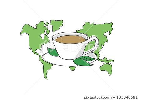 Continuous one line drawing tea cup with saucer and some tea leaves and world map background. A special aroma in each country. Taste. International Tea Day. Single line draw design vector illustration 133848581