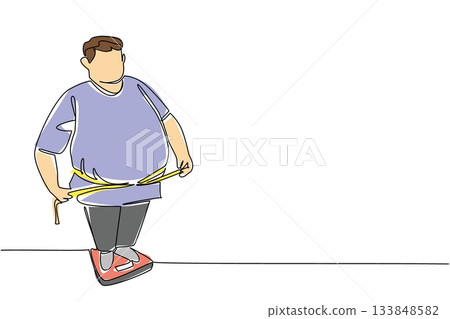 Continuous one line drawing fat man ties his stomach with a measuring tape standing on a scale. Intend to diet. Excessive obesity. Weights and Measures Day. Single line draw design vector illustration 133848582