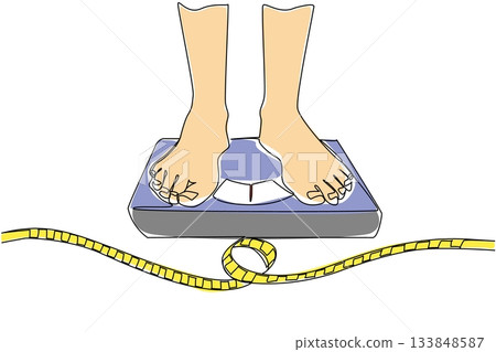 Continuous one line drawing feet standing on scale and a roll of measuring tape. Strict diet starts now. For better life. Health. Weights and Measures Day. Single line draw design vector illustration Continuous one line drawing feet standing on scale and a roll of measuring tape. Strict diet starts now. For better life. Health. Weights and Measures Day. Single line draw design vector illustration 133848587