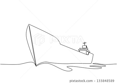 Single one line drawing cargo ship. Ships designed to transport large quantities of goods by sea. Focus on transport of commercial. National Maritime Day. Continuous line design graphic illustration Single one line drawing cargo ship. Ships designed to transport large quantities of goods by sea. Focus on transport of commercial. National Maritime Day. Continuous line design graphic illustration 133848589
