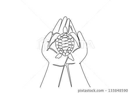 Continuous one line drawing the turtle is placed on two palms. Releasing newborn turtles into nature. Return it to its natural habitat. World Turtle Day. Single line draw design vector illustration Continuous one line drawing the turtle is placed on two palms. Releasing newborn turtles into nature. Return it to its natural habitat. World Turtle Day. Single line draw design vector illustration 133848590