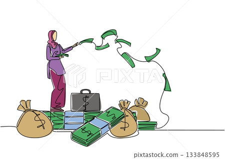 Single continuous line drawing Arab woman stands on pile of banknotes and money bag throwing banknotes. Be very wasteful. Forgot to invest. Be a Millionaire Day. One line design vector illustration Single continuous line drawing Arab woman stands on pile of banknotes and money bag throwing banknotes. Be very wasteful. Forgot to invest. Be a Millionaire Day. One line design vector illustration 133848595