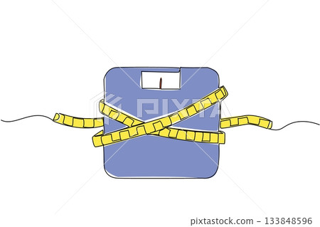 Single one line drawing body scales tied with measuring tape. A symbol to keep remembering healthy living at all times. Diet. Weights and Measures Day. Continuous line design graphic illustration 133848596