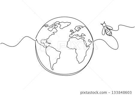 Single one line drawing a globe with bees flying around on the side. Bees migrate. Moving away from the decreasing best nesting grounds. World Bee Day. Continuous line design graphic illustration Single one line drawing a globe with bees flying around on the side. Bees migrate. Moving away from the decreasing best nesting grounds. World Bee Day. Continuous line design graphic illustration 133848603