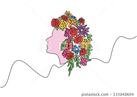 Continuous one line drawing a flower arrangement above head of woman. Beauty is always clearly depicted in the mind. Intelligence. Beautiful. Flower Day. Single line draw design vector illustration 133848604