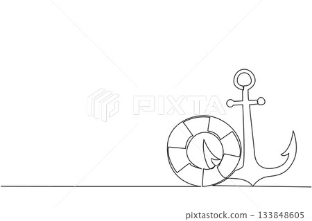 Single one line drawing anchor and lifebuoy side by side. Two important components in ship mooring. Prevents the ship from drifting. National Maritime Day. Continuous line design graphic illustration 133848605