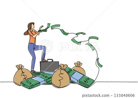 Continuous one line drawing woman stands on pile of banknotes and money bag throwing banknotes. Throwing money into being an investor. Be a Millionaire Day. Single line draw design vector illustration 133848606