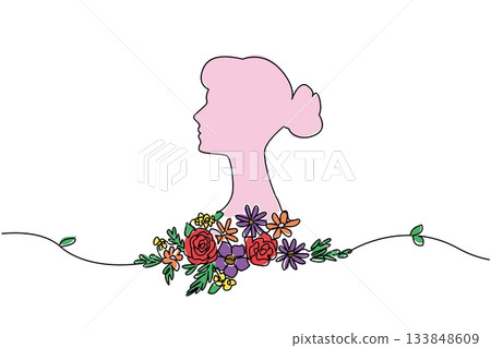 Single continuous line drawing silhouette of a woman with a flower arrangement at the bottom. Beauty poster image of women and flowers concept. Elegant. Flower Day. One line design vector illustration Single continuous line drawing silhouette of a woman with a flower arrangement at the bottom. Beauty poster image of women and flowers concept. Elegant. Flower Day. One line design vector illustration 133848609
