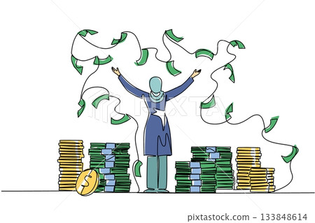 Single one line drawing back view, Arab woman stands with arms outstretched and throws the banknotes. Celebrating achievements. Rich. Be a Millionaire Day. Continuous line design graphic illustration Single one line drawing back view, Arab woman stands with arms outstretched and throws the banknotes. Celebrating achievements. Rich. Be a Millionaire Day. Continuous line design graphic illustration 133848614