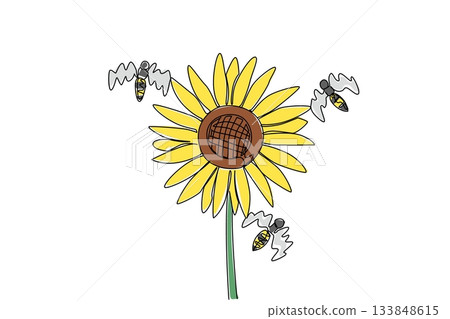 Continuous one line drawing 3 bees flying around a sunflower. Only perch on good places and fresh flowers. The best honey will be produced. World Bee Day. Single line draw design vector illustration Continuous one line drawing 3 bees flying around a sunflower. Only perch on good places and fresh flowers. The best honey will be produced. World Bee Day. Single line draw design vector illustration 133848615