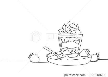 Continuous one line drawing a glass with cream and strawberry pieces with a small bowl base and spoon. Cold snacks. National Strawberries and Cream Day. Single line draw design vector illustration 133848616
