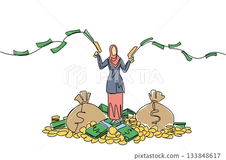 Continuous one line drawing Arab woman stands on pile of money holds gun that shoots out banknotes in both hands. Unlimited balance. Be a Millionaire Day. Single line draw design vector illustration 133848617