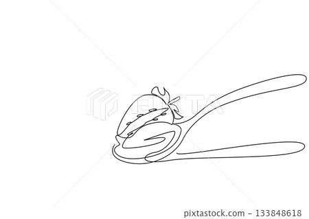 Single one line drawing wooden spoon with cream and whole strawberries. Sweet thick cream. Savory and fresh. Dessert. National Strawberries and Cream Day. Continuous line design graphic illustration Single one line drawing wooden spoon with cream and whole strawberries. Sweet thick cream. Savory and fresh. Dessert. National Strawberries and Cream Day. Continuous line design graphic illustration 133848618