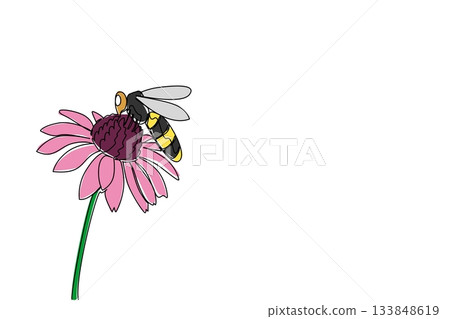 Single continuous line drawing a bee landed on flower. Looking for enough food before returning to the nest in the evening. Just land in a good place World Bee Day. One line design vector illustration 133848619