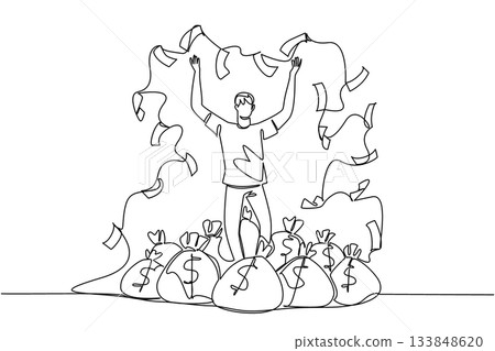 Single continuous line drawing a young man standing on a pile of money bags while throwing banknotes. A very satisfying achievement. Cheerful. Be a Millionaire Day. One line design vector illustration 133848620