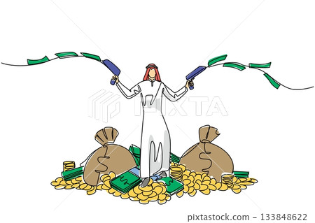 Single one line drawing Arab man stands on pile of money holds gun that shoot out banknotes in both hands. Fighting poverty. Stimulus. Be a Millionaire Day. Continuous line design graphic illustration Single one line drawing Arab man stands on pile of money holds gun that shoot out banknotes in both hands. Fighting poverty. Stimulus. Be a Millionaire Day. Continuous line design graphic illustration 133848622
