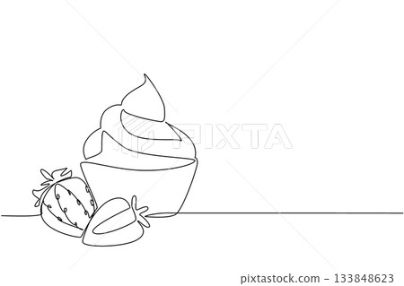 Single continuous line drawing 2 strawberries and cream in a small bowl. Enjoy the freshness while it is still cold and frozen. National Strawberries and Cream Day. One line design vector illustration Single continuous line drawing 2 strawberries and cream in a small bowl. Enjoy the freshness while it is still cold and frozen. National Strawberries and Cream Day. One line design vector illustration 133848623