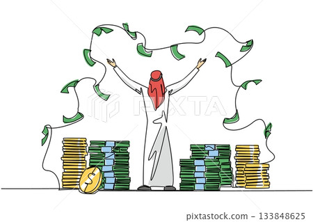 Continuous one line drawing back view, Arab man stands with arms outstretched and throws the banknotes. Invest massively. Profit. Be a Millionaire Day. Single line draw design vector illustration Continuous one line drawing back view, Arab man stands with arms outstretched and throws the banknotes. Invest massively. Profit. Be a Millionaire Day. Single line draw design vector illustration 133848625