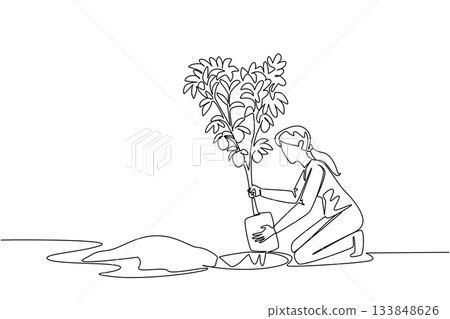 Single continuous line drawing woman inserts a lemon tree bearing fruit into a hole in the ground. Instead of buying, it is better to plant. Plant a Lemon Tree Day. One line design vector illustration 133848626