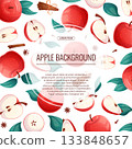 Colorful background with apples. Whole apple, half apple, sliced apple, cinnamon. Vector illustration for the design of posters, flyers, postcards and invitations 133848657