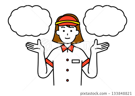 A female fast food waitress offering two options 133848821