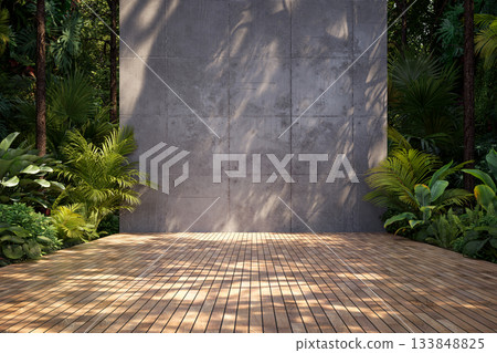 A serene of outdoor space with wooden deck, concrete panel wall, and lush tropical vegetation 3D render A serene of outdoor space with wooden deck, concrete panel wall, and lush tropical vegetation 3D render 133848825