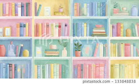 色彩繽紛的書架內部，柔和的手繪藝術背景素材 133848838