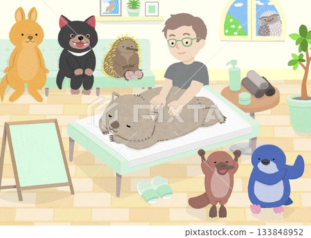 一隻袋熊正在接受按摩，其他動物（塔斯馬尼亞惡魔、針鼴、小袋鼠、鴨嘴獸）也在場。 133848952