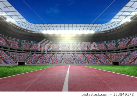 Flat design is showing red running track with white lane divider leading into modern stadium 133849178