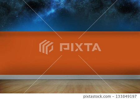 Flat design interior is featuring polished hardwood floor and orange wall with cosmic nebula mural 133849197
