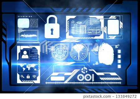 Cybersecurity flat HUD showing transparent blue panel with padlock, fingerprint scan, world map Cybersecurity flat HUD showing transparent blue panel with padlock, fingerprint scan, world map 133849272