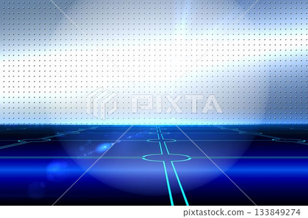 Glowing blue grid floor is being shown in 3D render, perforated metal wall, light flares Glowing blue grid floor is being shown in 3D render, perforated metal wall, light flares 133849274