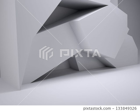Abstract angular grey polygonal structure is rising in 3D render studio with bold facets Abstract angular grey polygonal structure is rising in 3D render studio with bold facets 133849326