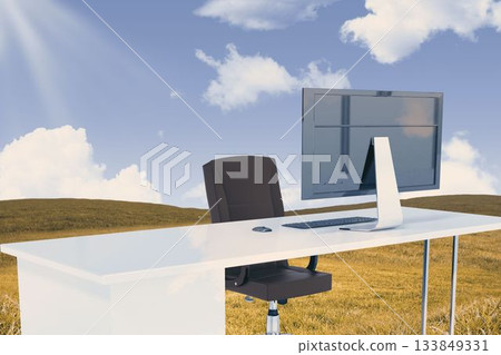 Flat design showing white desk with swivel chair, slim monitor, keyboard and mouse in golden field 133849331
