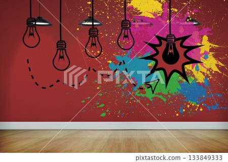 Flat red wall mural is showing bulbs, pendant lamps, burst paint splashes, dashed paper plane trail Flat red wall mural is showing bulbs, pendant lamps, burst paint splashes, dashed paper plane trail 133849333