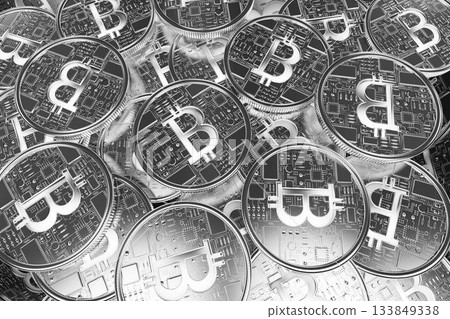 Showing overlapping Bitcoin coins featuring circuit board patterns in macro shot under lighting 133849338