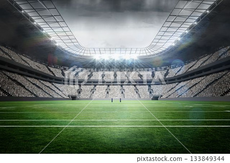 Two tall goal posts are standing in flat design stadium with grass field, glass roof, floodlights 133849344