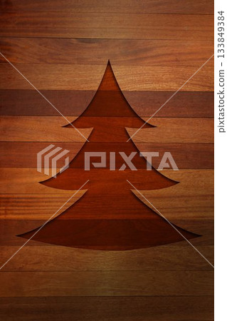 Stylized fir-tree silhouette is appearing on horizontal wooden plank panel, flat design motif Stylized fir-tree silhouette is appearing on horizontal wooden plank panel, flat design motif 133849384