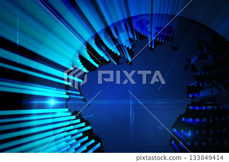 Digital hemisphere of Earth is floating in deep blue gradient 3D render, with glowing data bars Digital hemisphere of Earth is floating in deep blue gradient 3D render, with glowing data bars 133849414