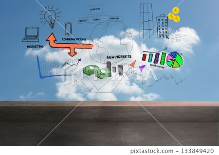Colorful handdrawn strategy sketches are floating above slab under blue sky, light bulb charts cash 133849420