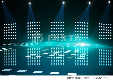 3D-rendered stage floor is reflecting square lights under spotlights with LED grid panels and haze 133849472