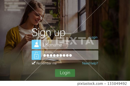 signup screen with blonde girl and pad signup screen with blonde girl and pad 133849492