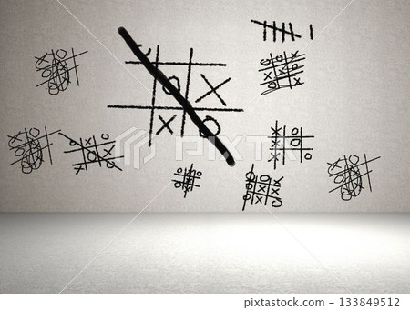 Flat illustration is showing large central tic tac toe grid on white wall featuring scribbles 133849512