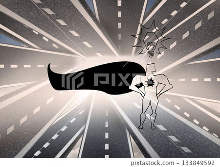 Superhero over streets in background 133849592