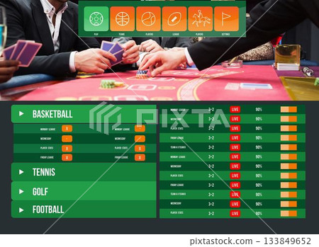 Two men are playing cards at red felt table, digital sports dashboard overlaying in flat design Two men are playing cards at red felt table, digital sports dashboard overlaying in flat design 133849652