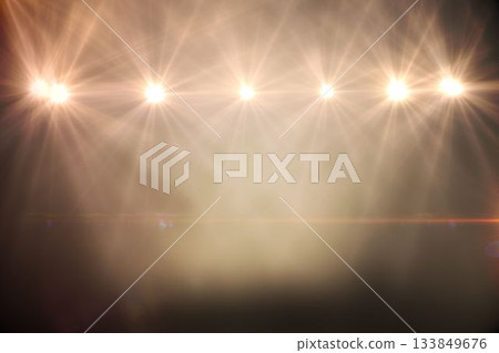 Six spotlights are shining through haze with lens flares and light streak in flat design stage Six spotlights are shining through haze with lens flares and light streak in flat design stage 133849676